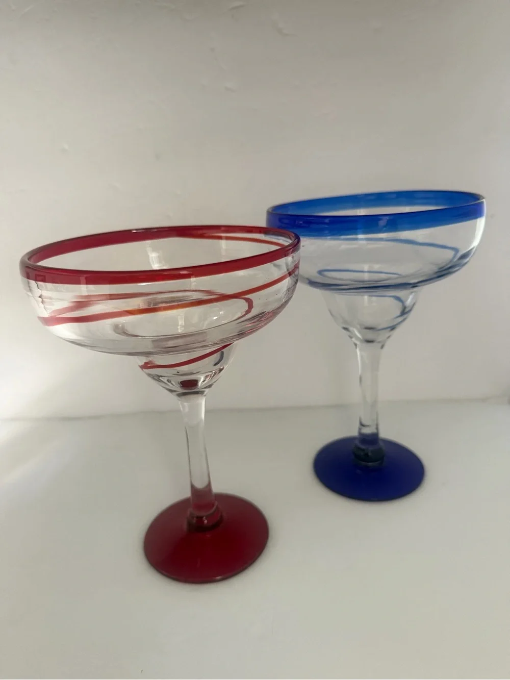 Set of 2 Hand Blowing Large Margarita Glasses with Blue & Red Accents